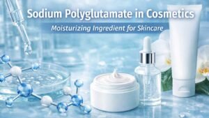 Sodium polyglutamate in cosmetics skincare products with serum, cream and molecular structure for hydration benefits