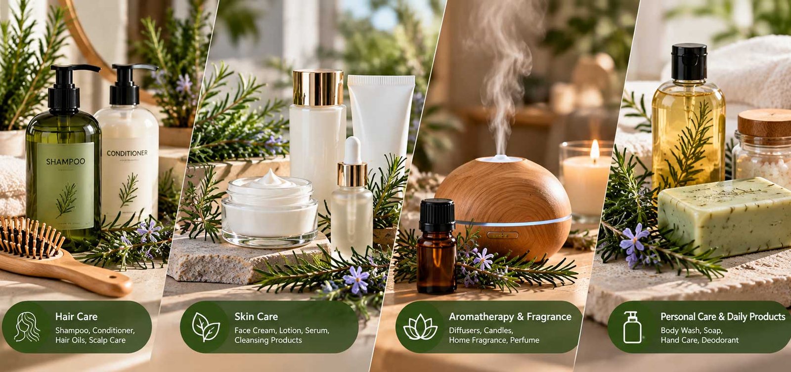 Rosemary essential oil applications in hair care cosmetics and fragrance products